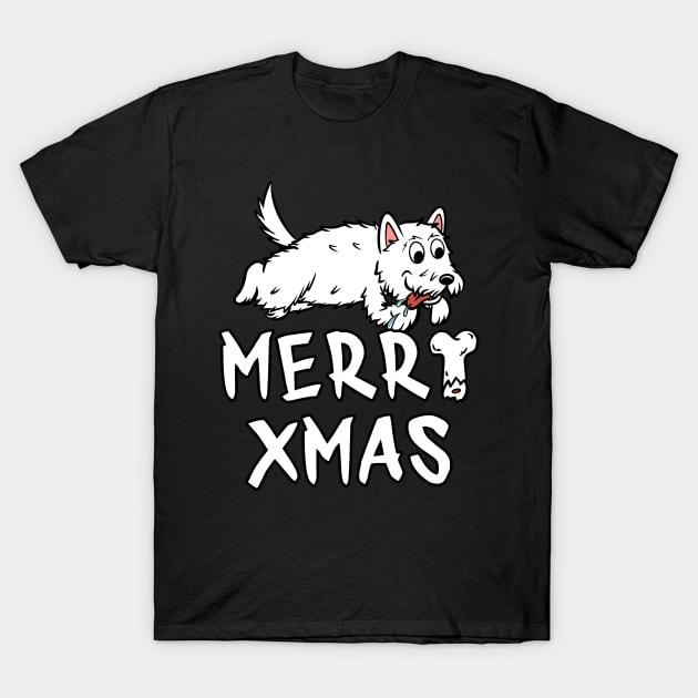 Westie Merry Xmas Bone Christmas T-Shirt by blacklines